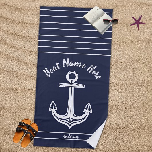 Serviette De Plage Navy Blue Ancre nautique Ajouter Nom du bateau