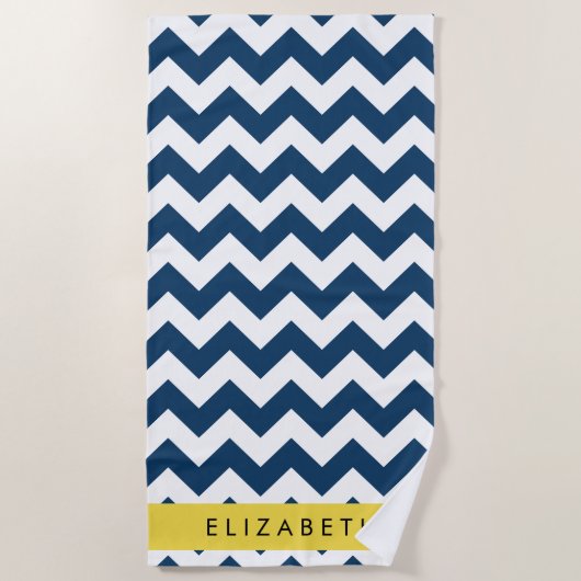 Serviette De Plage Navy Blue Zigzag, Navy Blue Chevron, Votre nom (Devant)
