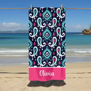 Serviette De Plage Navy et Rose Ikat Paisley Monogramme Nom