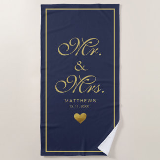 Serviette De Plage Navy or personnalisé coeur d'amour or mr et mrs en