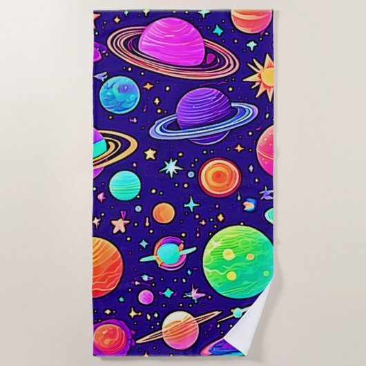Serviette De Plage Neons Fleurs : Planètes & Étoiles (Devant)