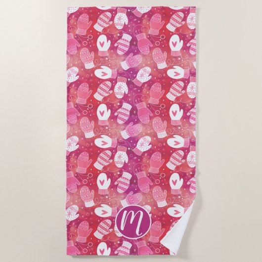 Serviette De Plage Noël d'hiver Mittens Motif en rose (Devant)