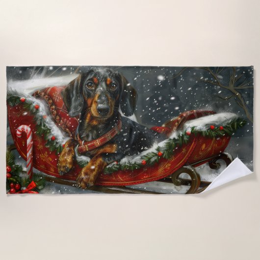 Serviette De Plage Noël Fête de chien teckel festive (Devant)