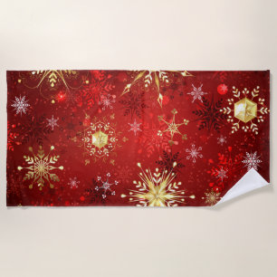 Serviette De Plage Noël Golden Snowflakes sur Arrière - plan rouge