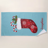 Serviette De Plage Noel Rouge Sur Bleu Avec Texte Personnalisé (Devant)