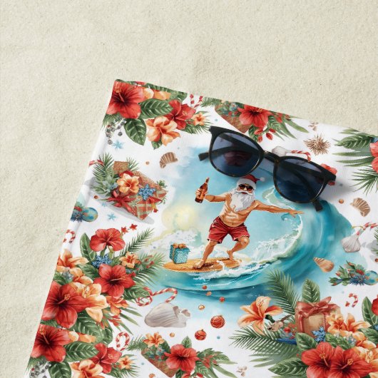 Serviette De Plage Noël Surfant Santa avec Santa Surfeur (En situation)