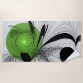 Serviette De Plage Noir Abstrait et blanc avec art fractal vert (Devant)
