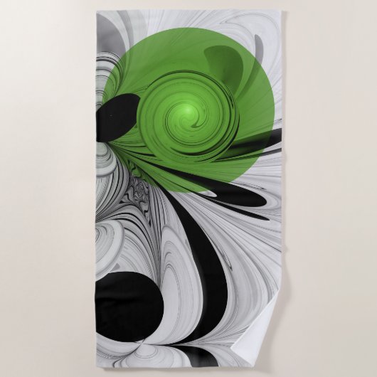 Serviette De Plage Noir Abstrait et blanc avec art fractal vert (Devant)