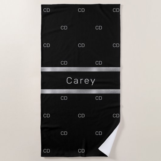 Serviette De Plage Noir argent monogramme initiales nom hommes gars (Devant)