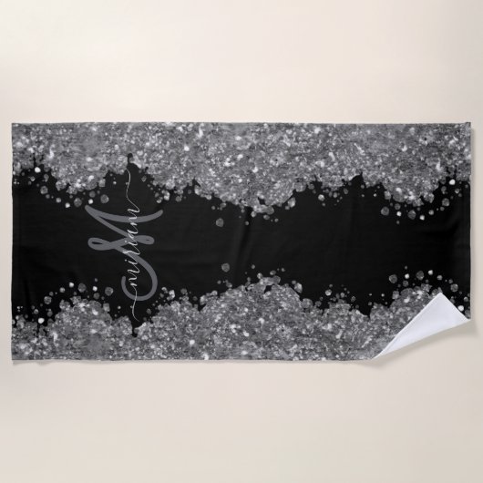 Serviette De Plage Noir Argent Pailleté Gris Monogramme Moderne (Devant)