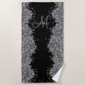 Serviette De Plage Noir Argent Pailleté Gris Monogramme Moderne (Devant)
