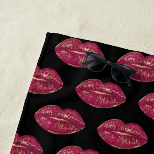 Serviette De Plage Noir avec des lèvres rouges