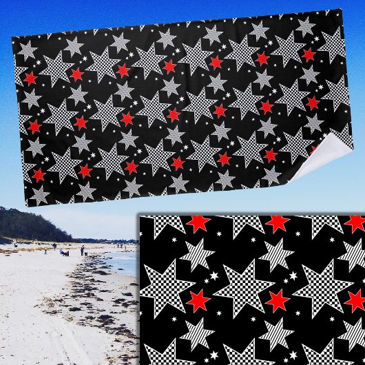 Serviette De Plage Noir blanc coché rayé et étoiles rouges sur noir