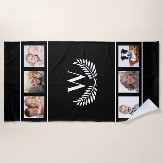 Serviette De Plage noir blanc collage photo monogramme initial classi (Devant)
