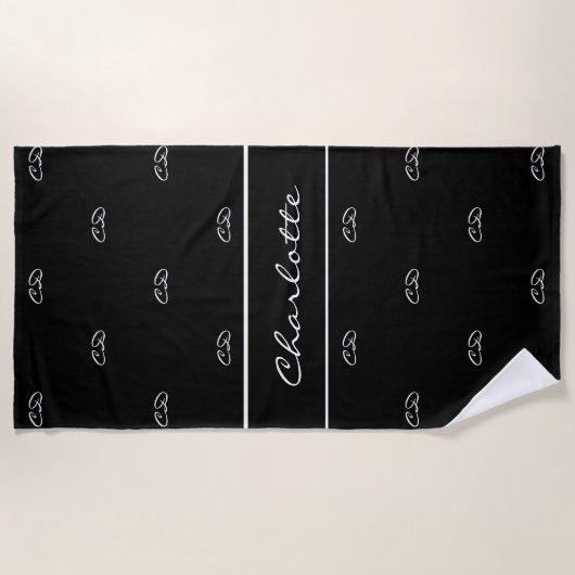 Serviette De Plage Noir blanc monogramme initiales motif nom script (Devant)