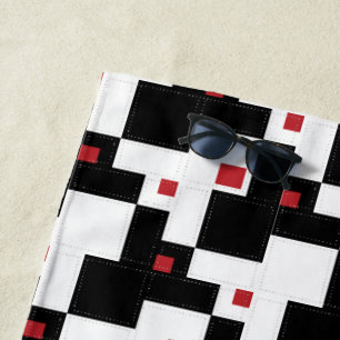 Serviette De Plage Noir Blanc Rouge Moderne Patchwork Vintage