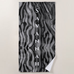 Serviette De Plage Noir, Gris, Argent Abstrait Personnalisé