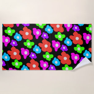 Serviette De Plage Noir rétro Arc-en-ciel couleur Fleurs Motif