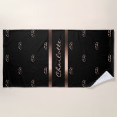 Serviette De Plage Noir rose or monogramme initiales nom du motif (Devant)