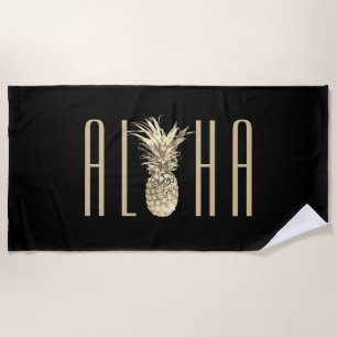 Serviette De Plage Noir tropical de typographie d'or d'ananas Aloha