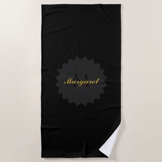 Serviette de plage noire personnalisée avec nom et (Devant)