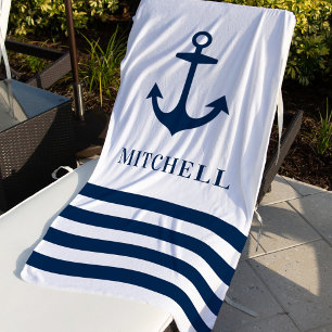 Serviette De Plage Nom avec monogramme d'ancre de marine en blanc nau