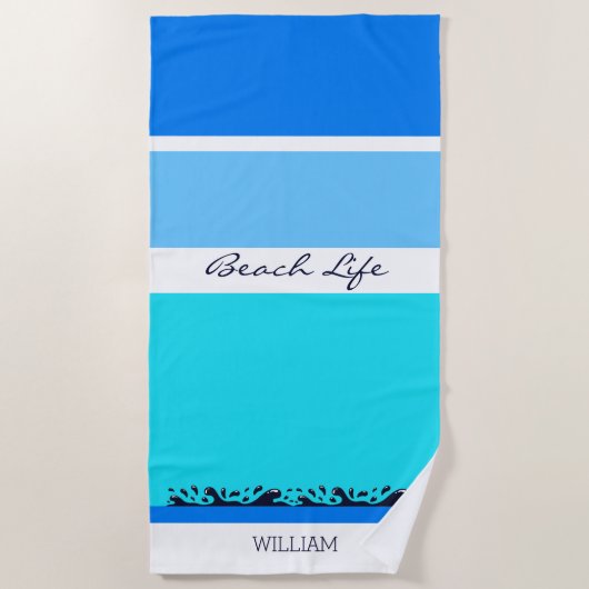 Serviette De Plage Nom Blue Ocean Stripes Chic (Devant)
