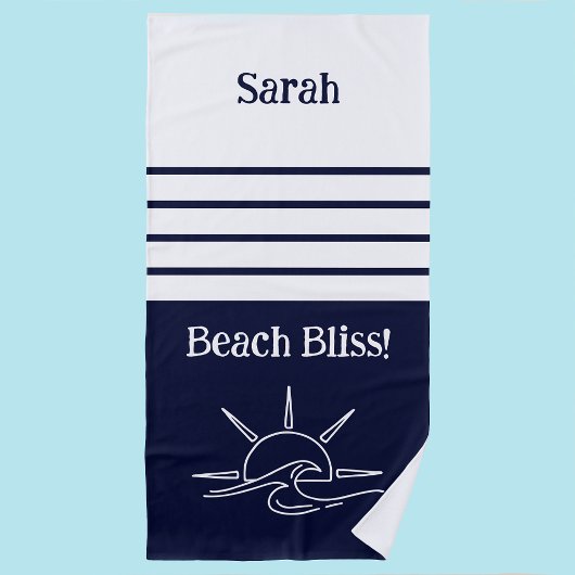 Serviette De Plage Nom Chic Marine Blue Stripes Océan
