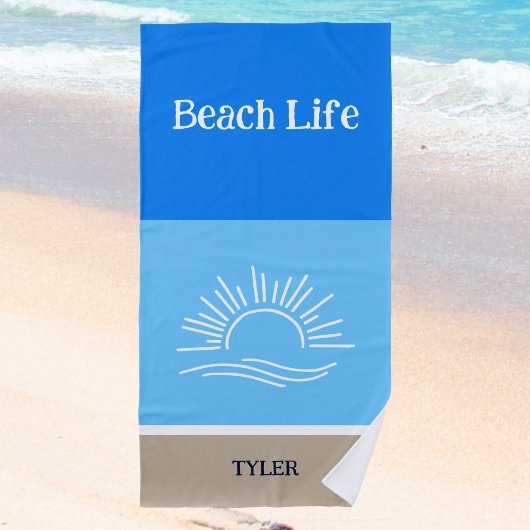 Serviette De Plage Nom chic Tan et bleu clair rayures mer