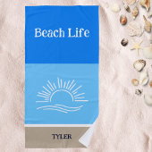 Serviette De Plage Nom chic Tan et bleu clair rayures mer