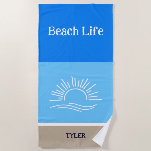 Serviette De Plage Nom chic Tan et bleu clair rayures mer (Devant)