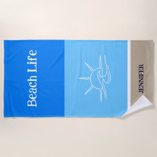 Serviette De Plage Nom chic Tan White et Blue Stripes (Devant)