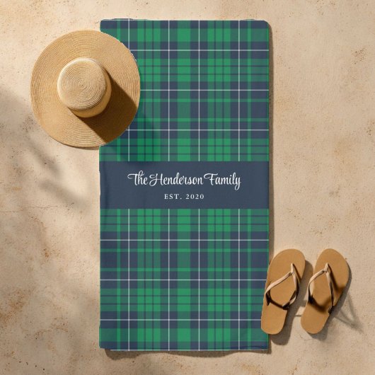 Serviette De Plage Nom de famille à carreaux vert et bleu rustique