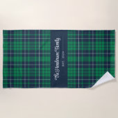 Serviette De Plage Nom de famille à carreaux vert et bleu rustique (Devant)