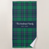 Serviette De Plage Nom de famille à carreaux vert et bleu rustique (Devant)