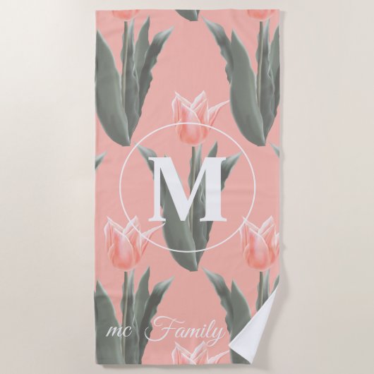Serviette De Plage Nom De Famille Élégant Monogramme Peach Tulips Pei (Devant)