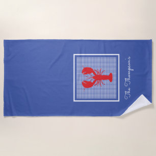 Serviette De Plage Nom de famille En vichy homard bleu blanc préppy