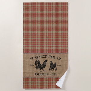 Serviette De Plage Nom de famille Farmhouse Vintage Red Plaid Burlap