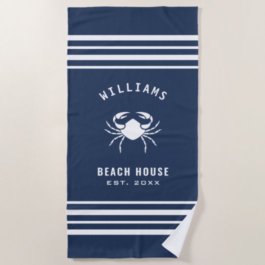 Serviette De Plage Nom De Famille Marine Blue And White Beach House C (Devant)