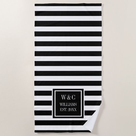 Serviette De Plage Nom de famille Monogram Marine Black White Stripe (Devant)
