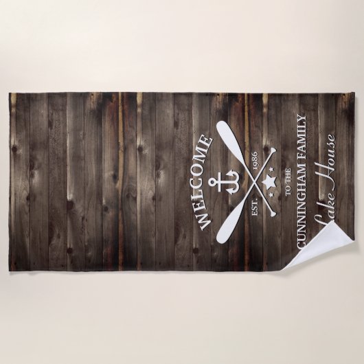 Serviette De Plage Nom de famille | Oars et Ancres personnalisés (Devant)
