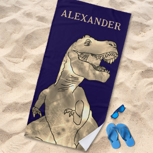 Serviette De Plage Nom de garçon personnalisé Dinosaure Bleu marine