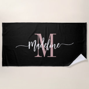 Serviette De Plage Nom de monogramme élégant personnalisé Script Blac
