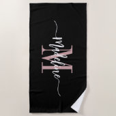 Serviette De Plage Nom de monogramme élégant personnalisé Script Blac (Devant)