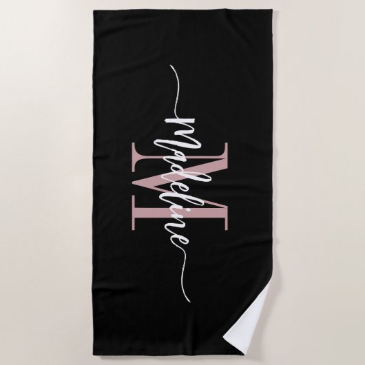 Serviette De Plage Nom de monogramme élégant personnalisé Script Blac (Devant)