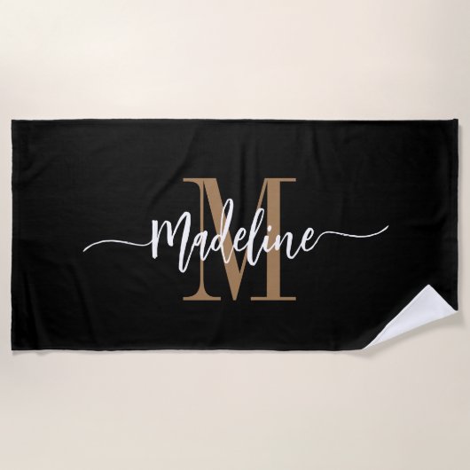 Serviette De Plage Nom de monogramme élégant personnalisé Script Blac (Devant)