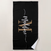 Serviette De Plage Nom de monogramme élégant personnalisé Script Blac (Devant)