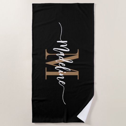 Serviette De Plage Nom de monogramme élégant personnalisé Script Blac (Devant)