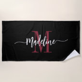 Serviette De Plage Nom de monogramme élégant personnalisé Script noir (Devant)