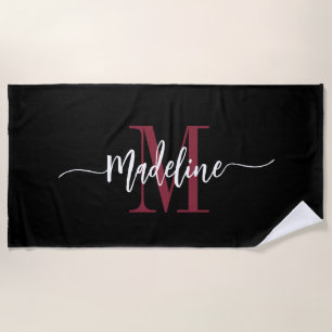 Serviette De Plage Nom de monogramme élégant personnalisé Script noir
